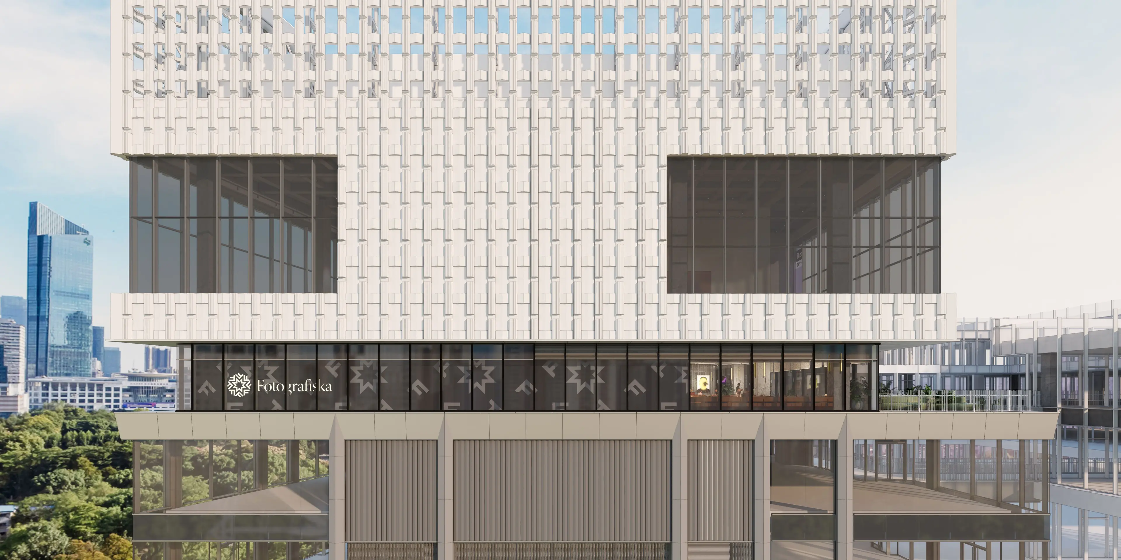 Digital rendering of Fotografiska Shenzhen featuring a modern building facade with textured white exterior panels, large glass windows, and city skyline in the background
